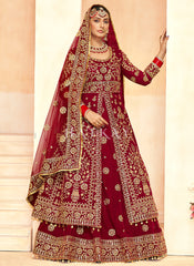 Bridal Red Embroidery Slit Style Anarkali Lehenga