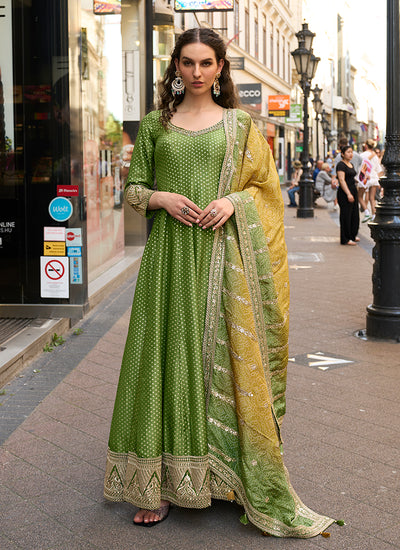 Green And Yellow Traditional Embroidery Anarkali Suit