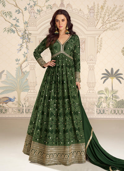 Dark Green Reshamkari Embroidered Printed Anarkali Suit