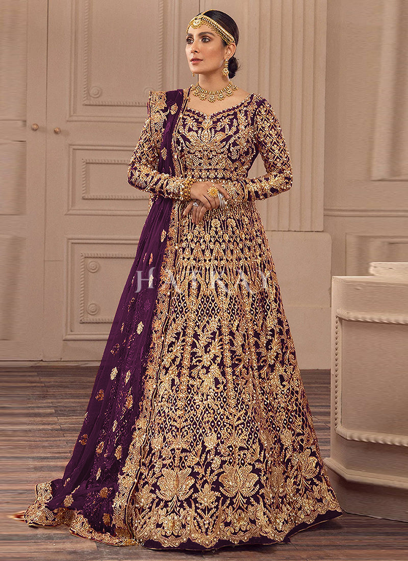 Purple Traditional Embroidery Wedding Anarkali Suit