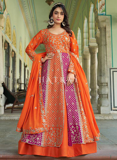 Orange And Pink Embroidery Anarkali Gown