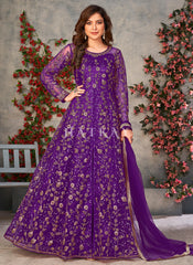 Purple Embroidery Slit Style Anarkali Pant Suit
