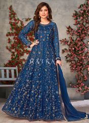 Blue Embroidery Slit Style Anarkali Pant Suit