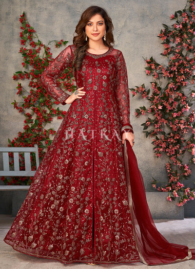 Red Embroidery Slit Style Anarkali Pant Suit