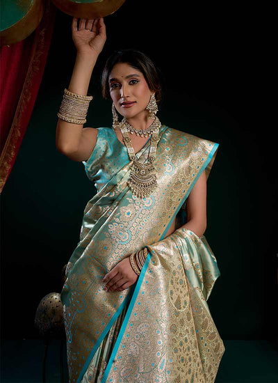 Aqua Blue Traditional Brocade Silk Saree
