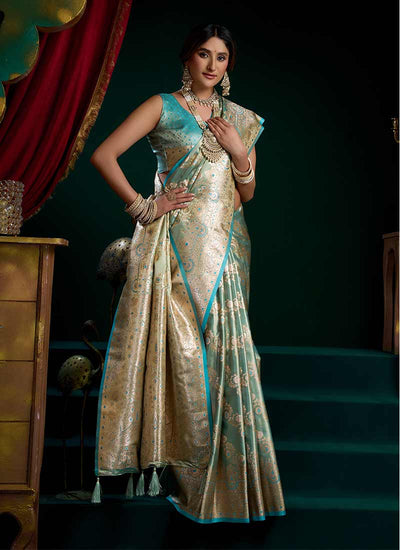 Aqua Blue Traditional Brocade Silk Saree