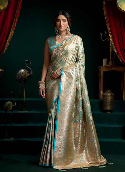 Aqua Blue Traditional Brocade Silk Saree