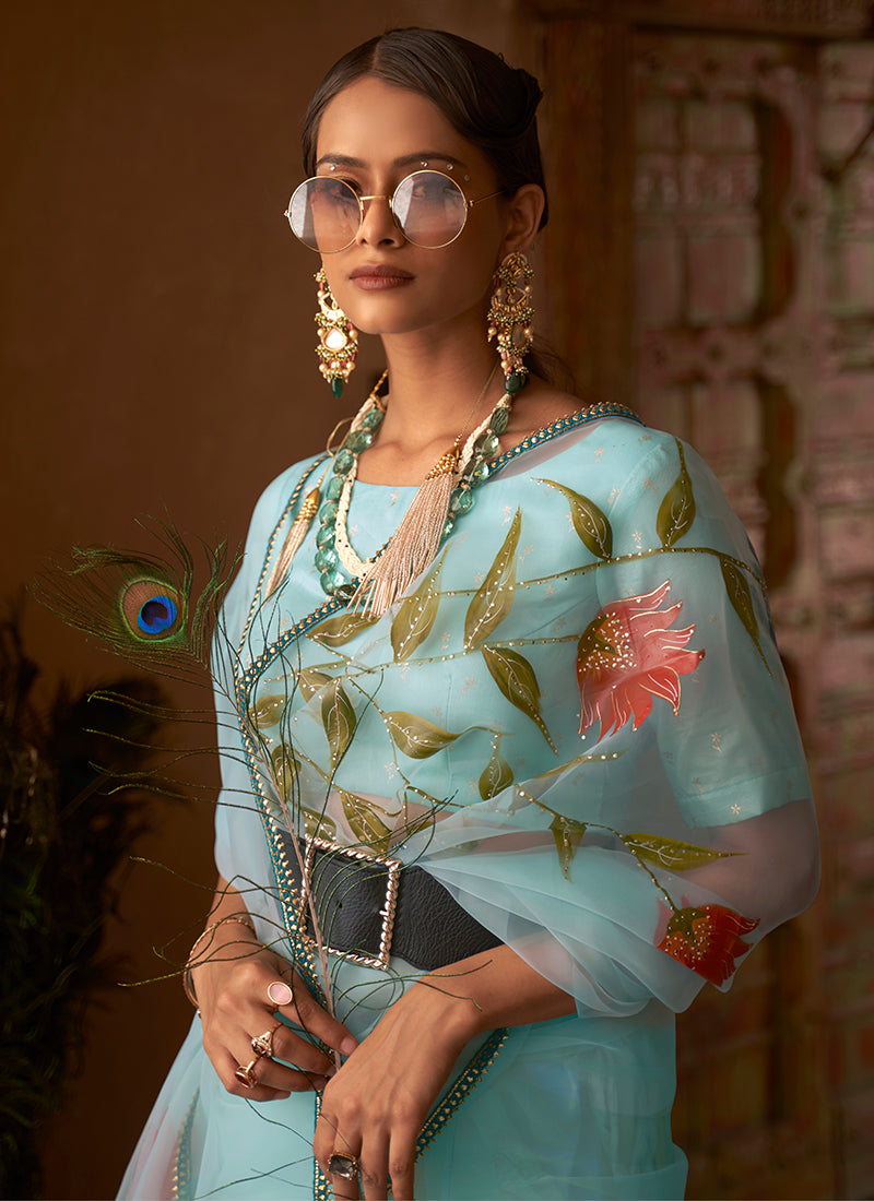 Aqua Blue Printed Festive Saree