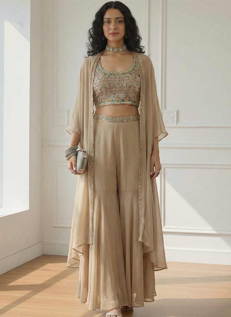 Beige Embroidered Cape Style Indo Western Set