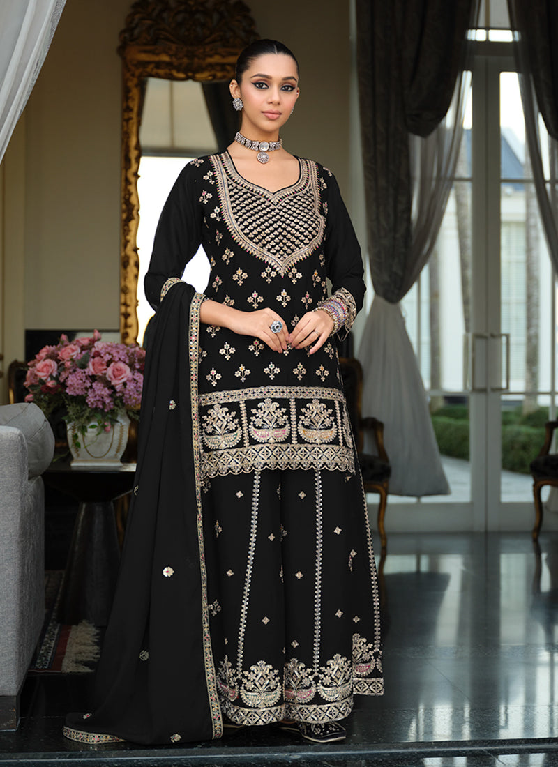 Black Multi Embroidery Traditional Palazzo Style Suit