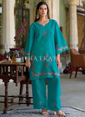 Turquoise Thread Embroidery Silk Co-Ord Set