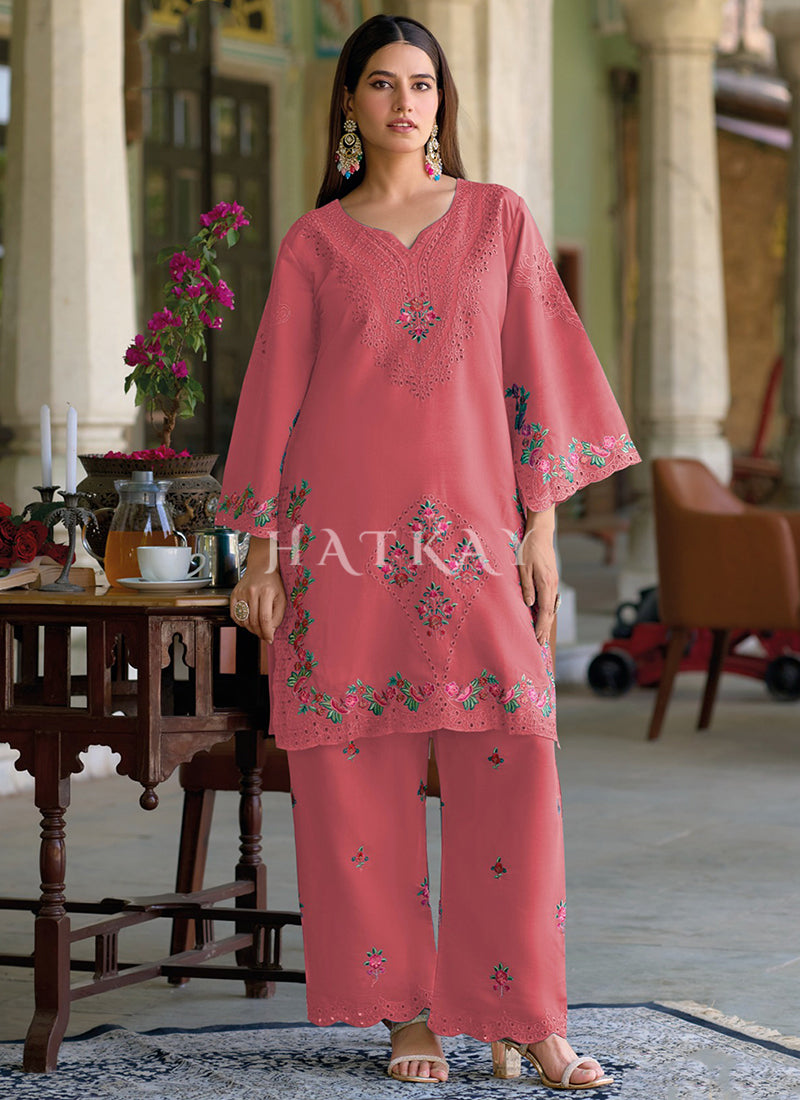 Pink Thread Embroidery Silk Co-Ord Set