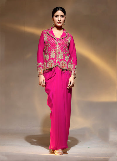 Magenta Embellished Draped Skirt Co-Ord Set