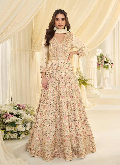 Cream Beige Designer Embroidered Anarkali Suit