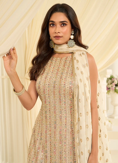 Cream Traditional Embroidered Gharara Style Suit