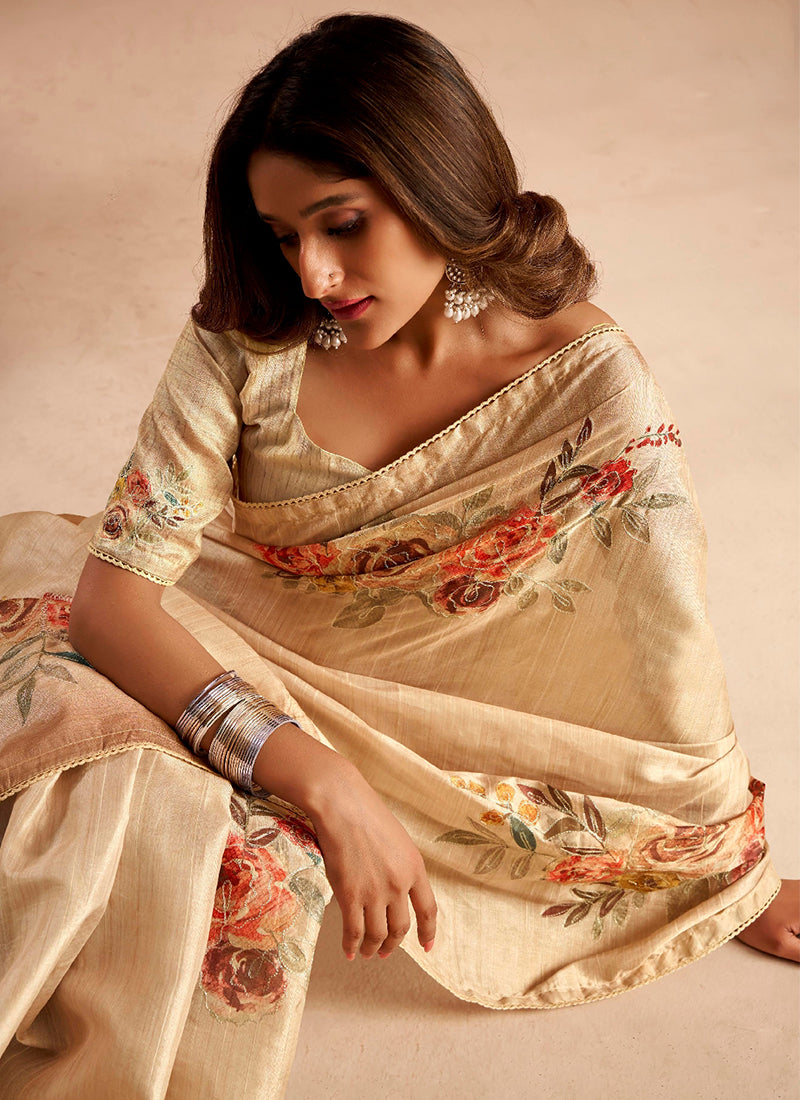 Cream Embroidered Traditional Silk Saree