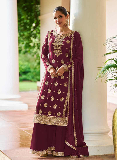 Deep Red Sequins Embroidered Palazzo Suit