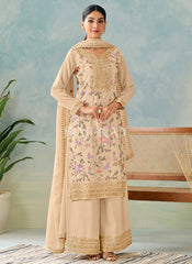 Cream Beige Multi Embroidery Palazzo Suit