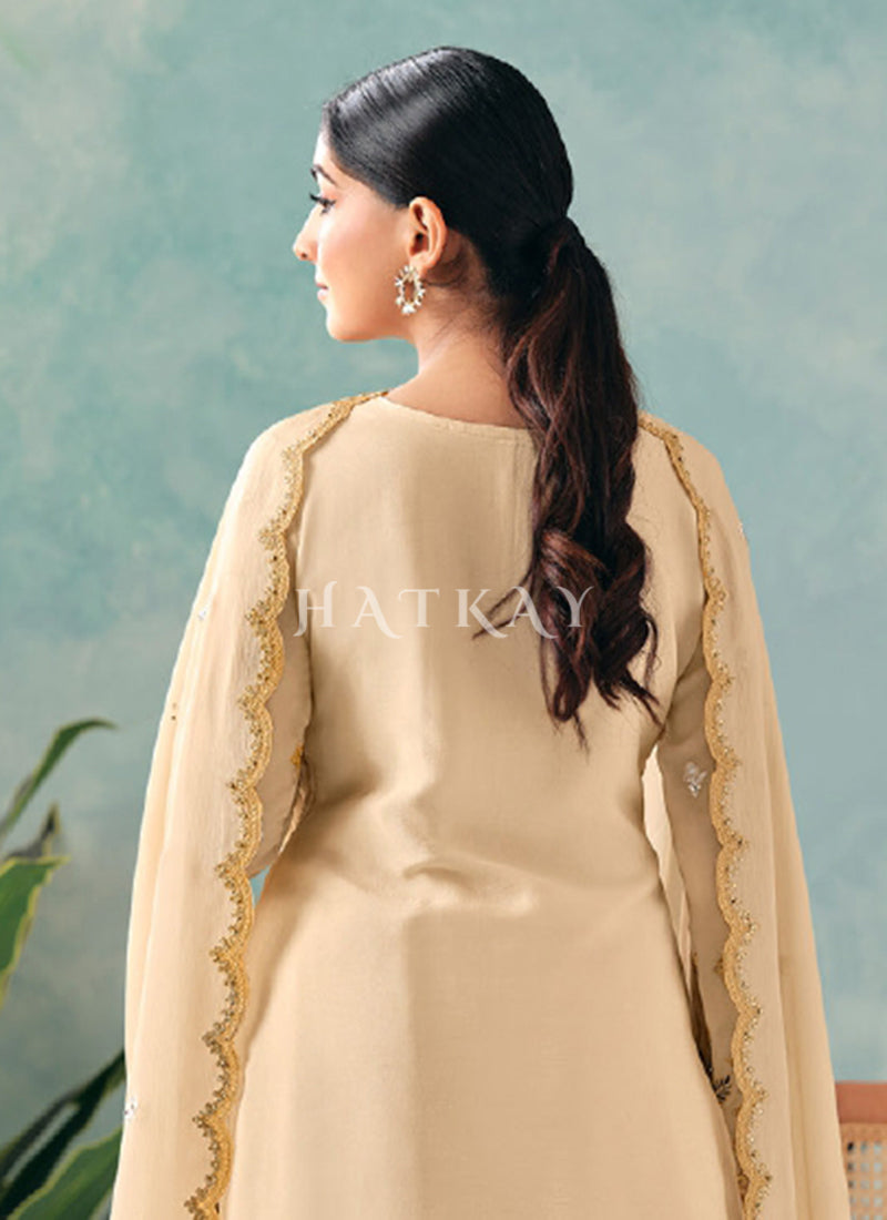 Cream Beige Multi Embroidery Palazzo Suit