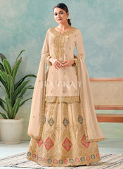Cream Beige Multi Embroidery Lehenga Kurti