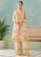 Cream Beige Multi Embroidery Pant Style Suit