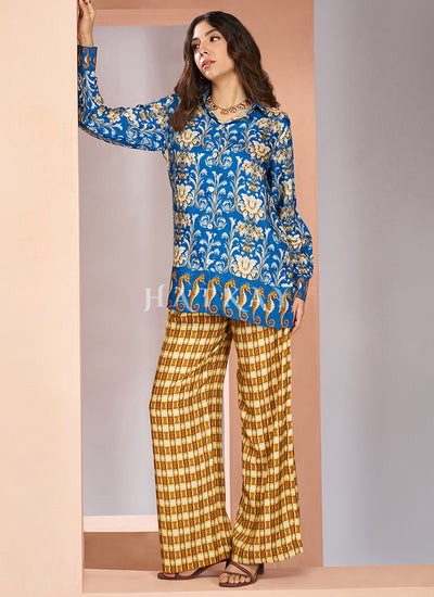 Blue And Yellow Digital Printed Silk Co-Ord Set