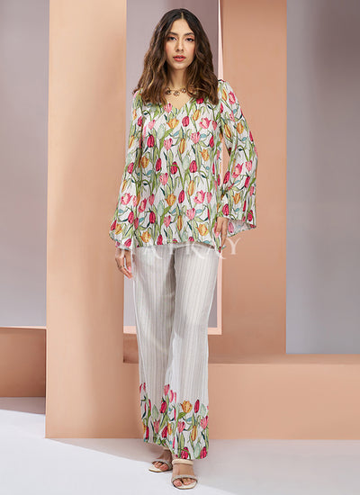 White Multi Digital Printed Silk Co-Ord Set