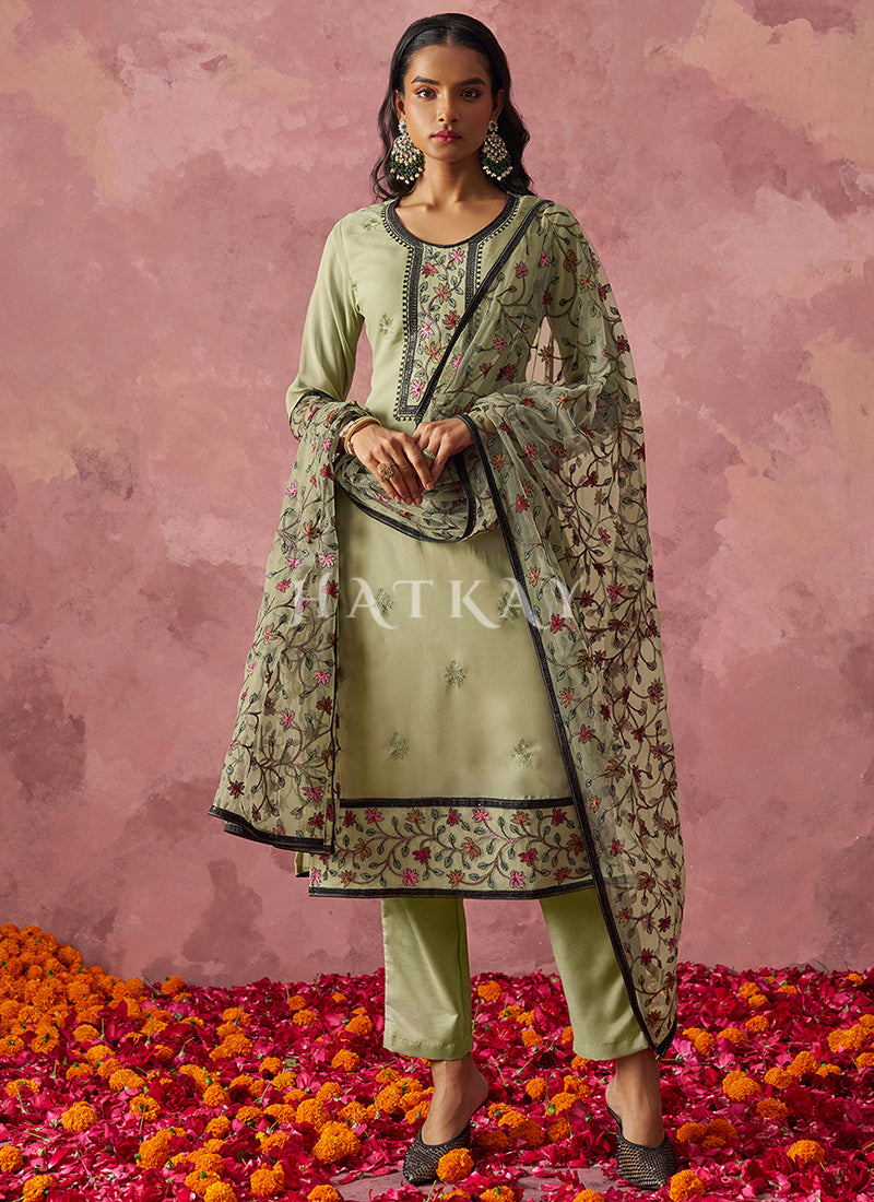 Green Thread Embroidery Pakistani Style Pant Suit