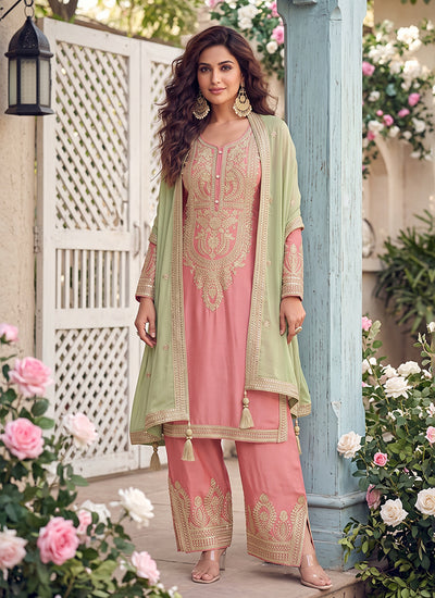 Pink and Green Embroidery Farshi Shalwar Suit