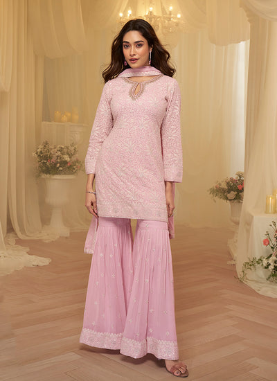 Light Pink Lucknowi Embroidered Georgette Gharara Suit