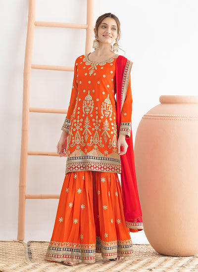 Orange and Red Multi Embroidery Gharara Suit