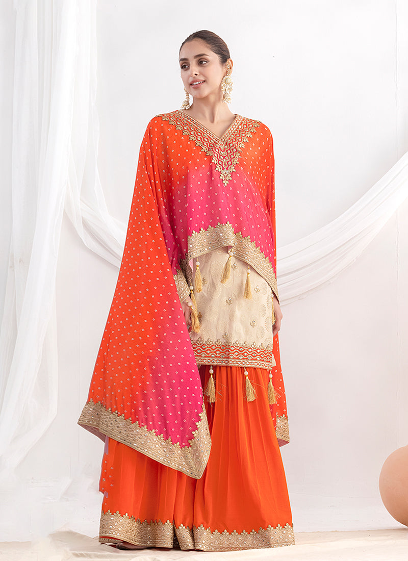 Cream and Orange Embroidered Sharara Suit