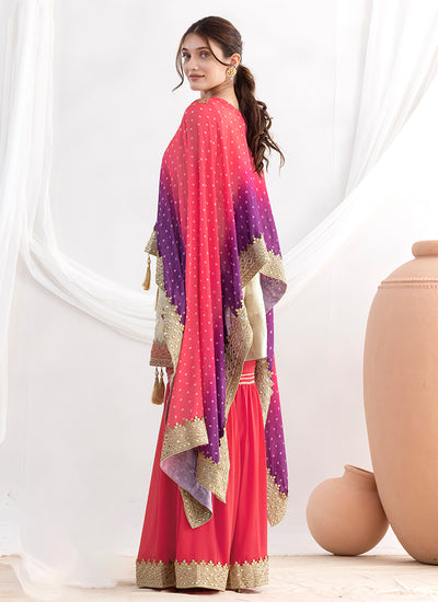 Cream and Pink Embroidered Sharara Suit