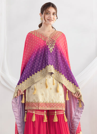 Cream and Pink Embroidered Sharara Suit
