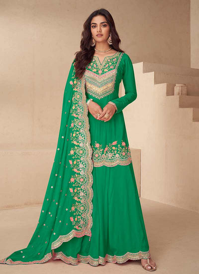 Green Multi Embroidered Silk Palazzo Suit