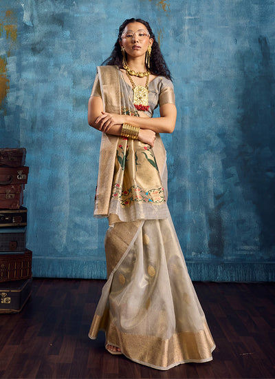 Grey Floral Brocade Silk Saree
