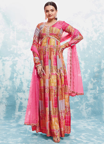 Pink Multicolor Digital Printed Anarkali Gown
