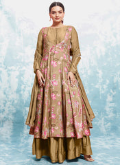 Olive Green Floral Printed Anarkali Suit With Jacket