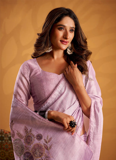 Lavender Embroidered Traditional Silk Saree