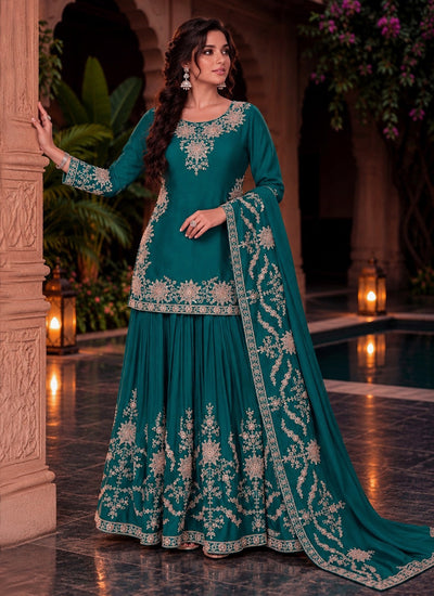Teal Green Embroidered Festive Lehenga Kurti Set