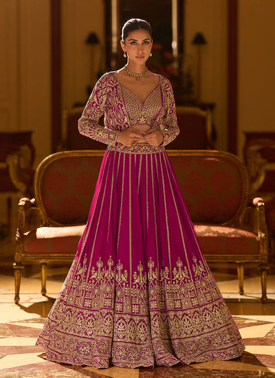 Magenta Pink Embroidery Jacket Style Lehenga