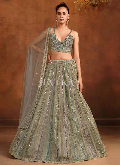 Olive Green Mirror Embroidery Lehenga Choli