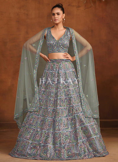 Mist Blue Mirror Embroidery Lehenga Choli