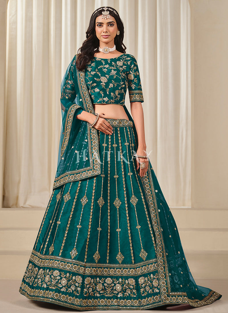 Teal Blue Embroidery Wedding Lehenga Choli