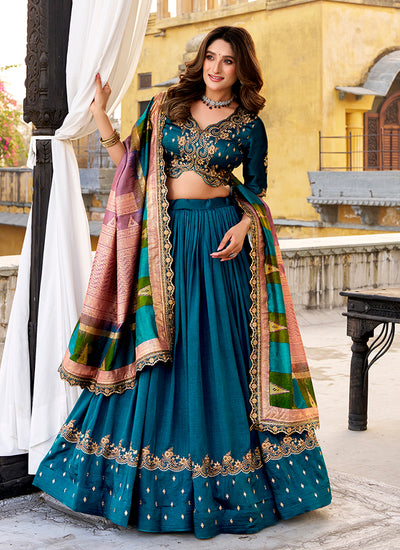 Teal Blue Golden Embroidered Festive Lehenga Choli