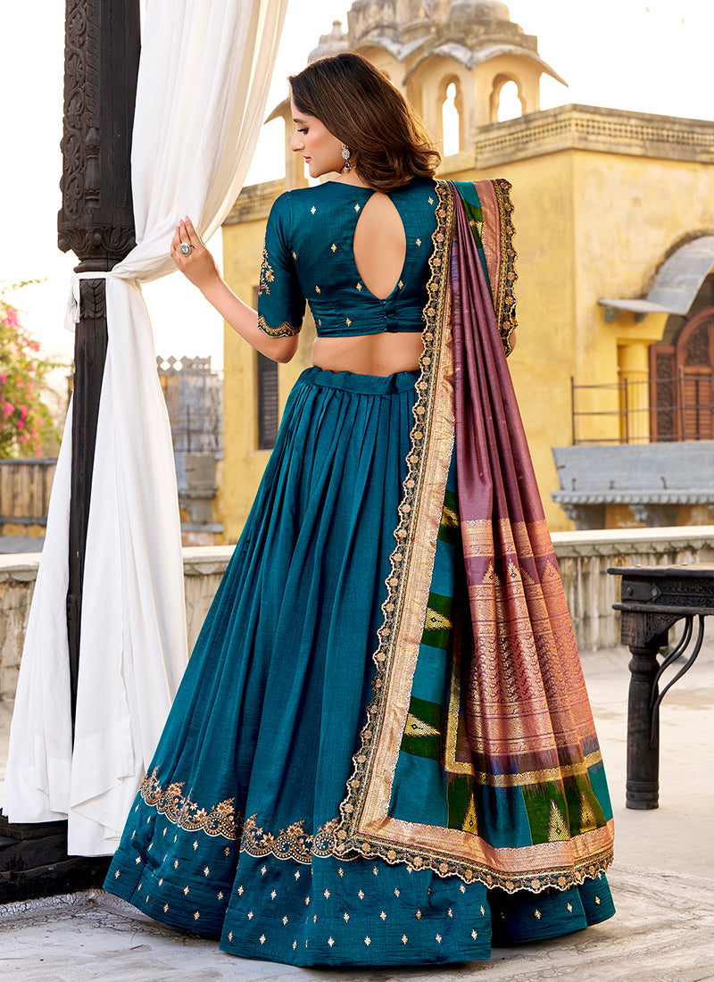 Teal Blue Golden Embroidered Festive Lehenga Choli