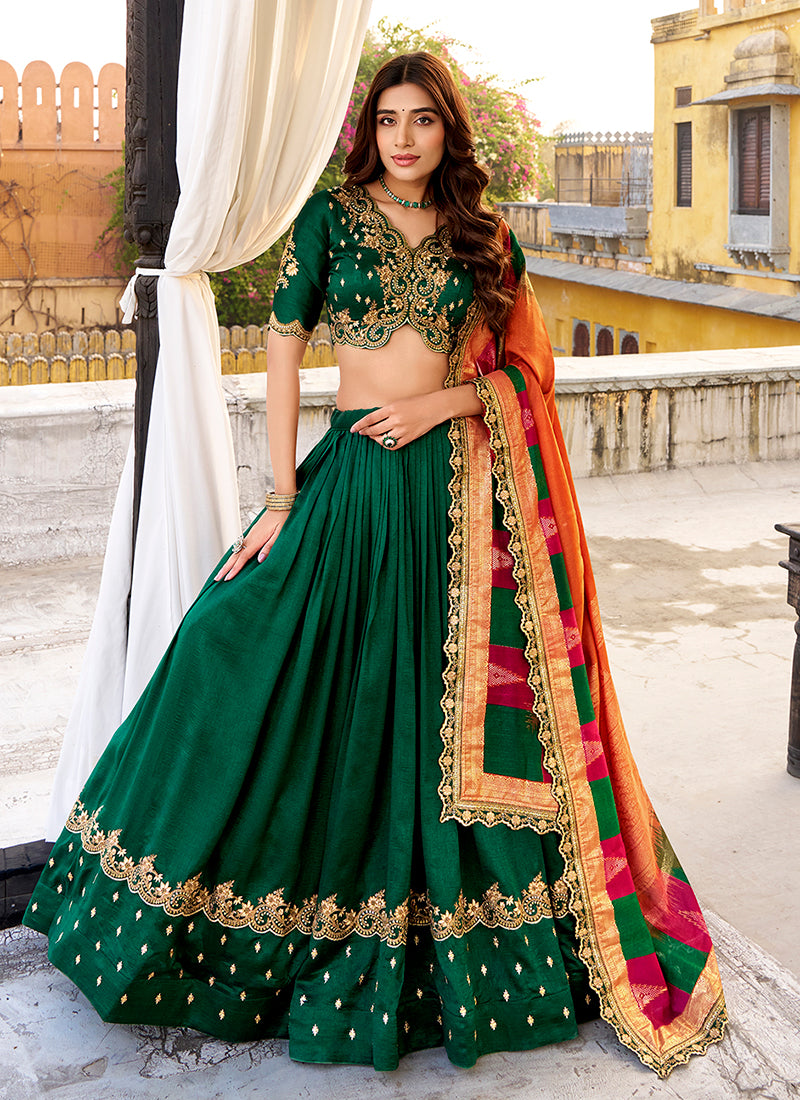 Dark Green Golden Embroidered Festive Lehenga Choli