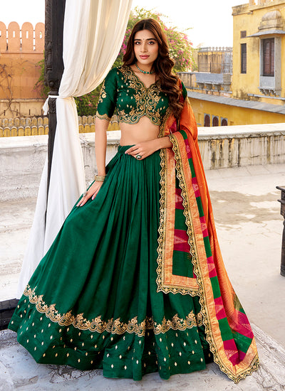 Dark Green Golden Embroidered Festive Lehenga Choli