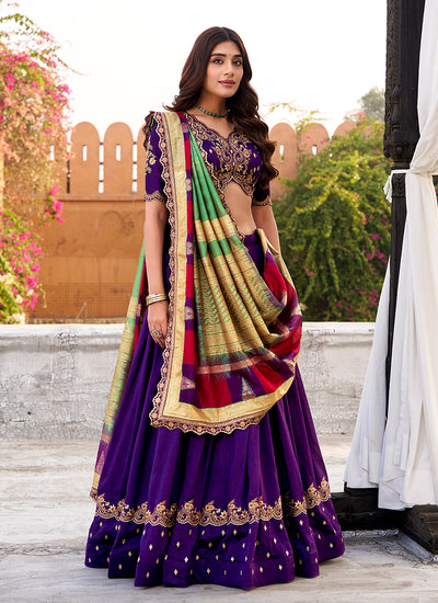 Violet Golden Embroidered Festive Lehenga Choli