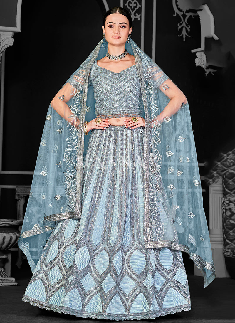 Sky Blue Sequins Embroidery Bridal Lehenga Choli